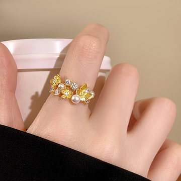 AUR 蝶×花オープンリング｜金色の微镶が煌く