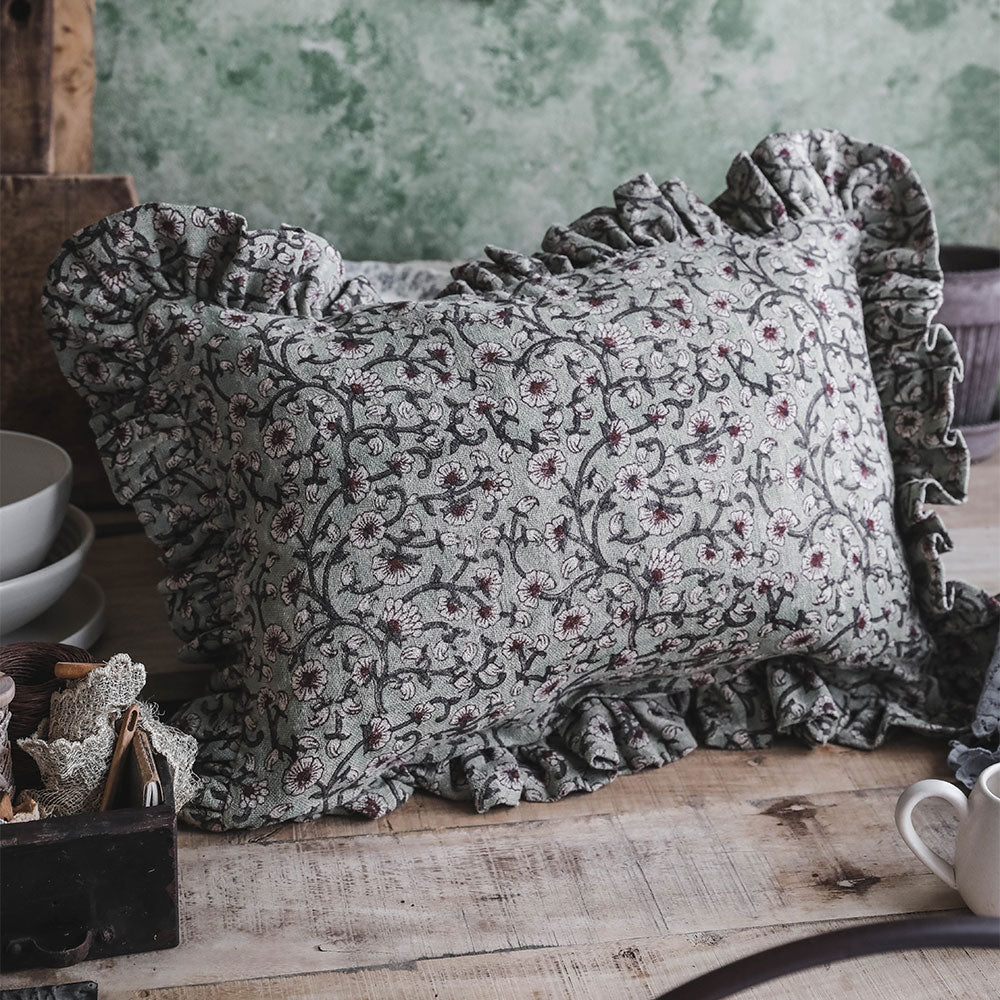 Linen Hand Block-Printed Pillow Cover No. 0232 - AUR