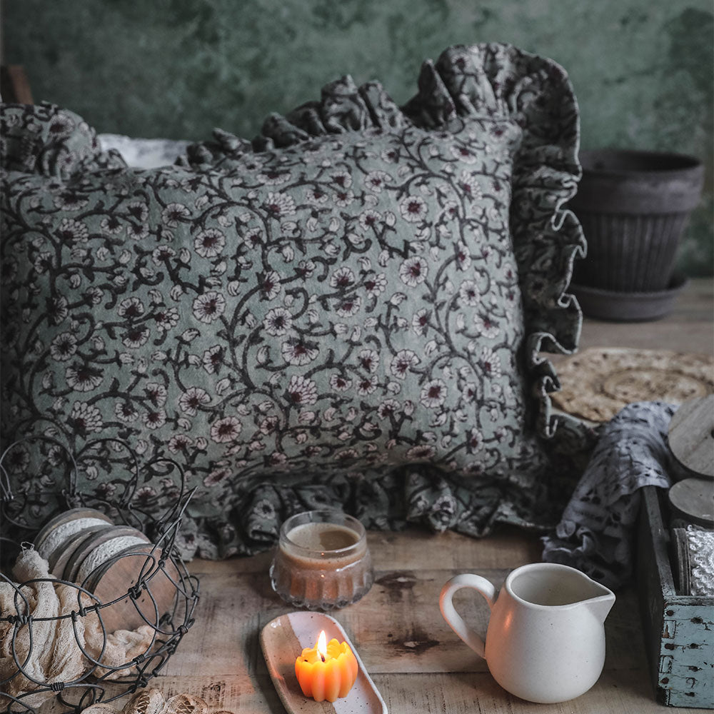 Linen Hand Block-Printed Pillow Cover No. 0232 - AUR