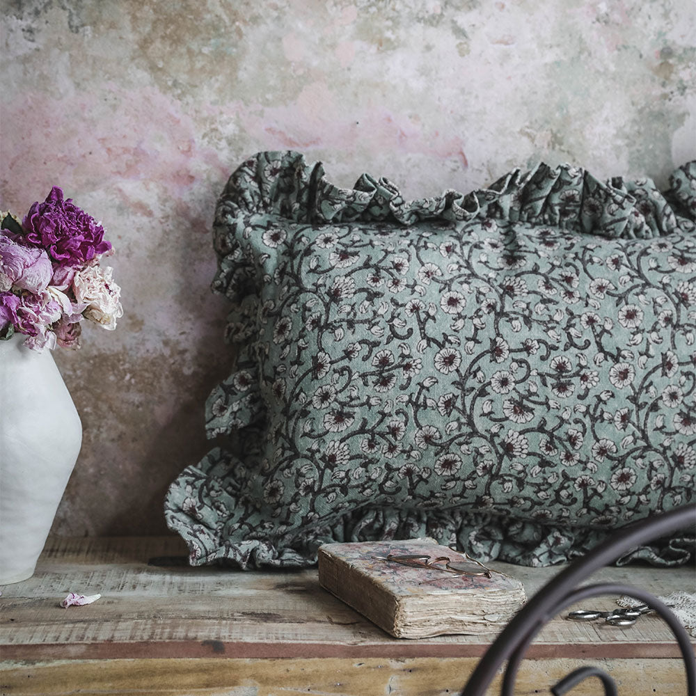 Linen Hand Block-Printed Pillow Cover No. 0232 - AUR